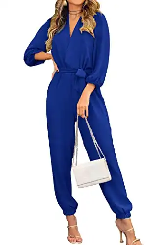 PRETTYGARDEN Women's 2023 Fall Jumpsuits Casual Dressy One Piece Outfits V Neck Long Sleeve Belt Pockets Long Pants Romper (Royal Blue,Medium)