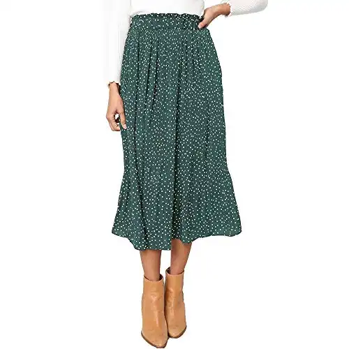 Exlura Womens High Waist Polka Dot Pleated Skirt Midi Swing Skirt with Pockets Green X-Large