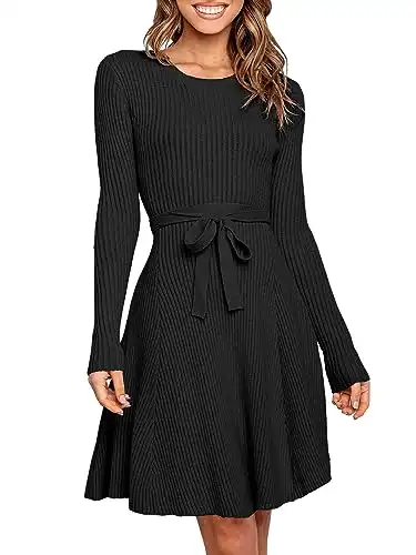 Caracilia Winter Sweater Dress for Women 2023 Trendy Long Sleeve Crew Neck A Line Flowy Slim Fit Ribbed Knit Work Short Dress Fashion Fall Clothes C66A9heise-S Black