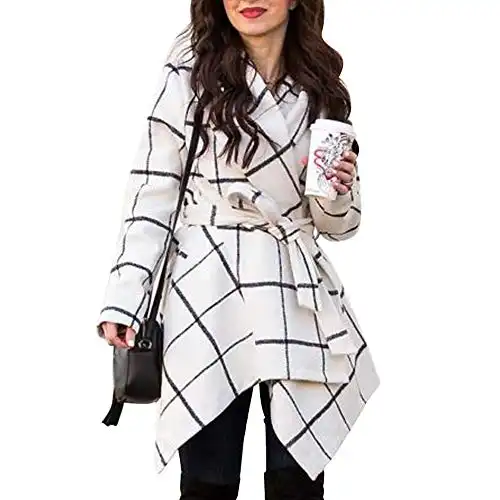 CHICWISH Women's Turn Down Shawl Collar Open Front Earth Tone Check Asymmetric Hemline Wool Blend Coat, Brown, X-Large