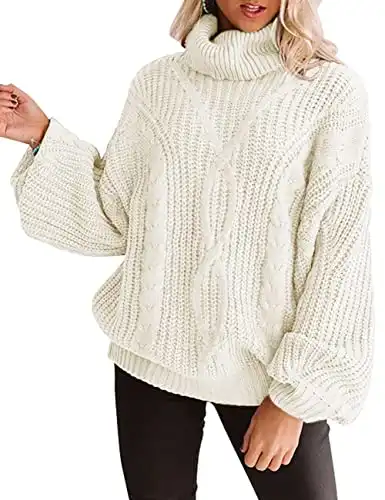 ZESICA Women's 2024 Fall Long Sleeve Turtleneck Chunky Knit Loose Oversized Sweater Pullover Jumper Tops,White,Small