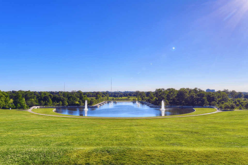 Fountains in a pond from the top of Art Hill. 