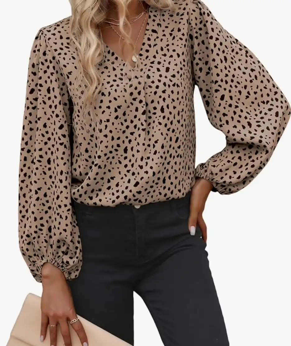 EGRETLAC Women Leopard Print Blouses V Neck Long Sleeve Chiffon Tops Loose Fit Business Shirts Casual Work Tunic